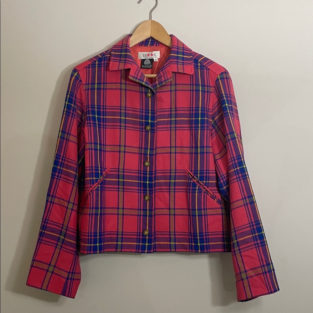 Isaac Mizrahi 90s Vintage Clueless Pink Plaid Wool Jacket Womens Size Medium Y2K - Picture 3 of 13